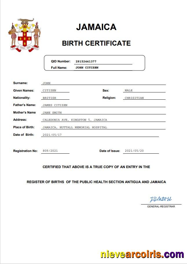 Jamaica vital record birth certificate